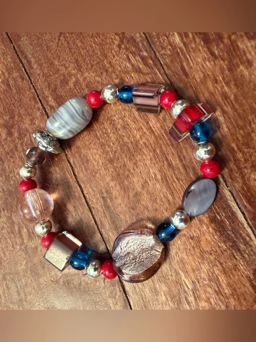 Handcrafted Multicolor Beaded Stretch Bracelet - Red, Blue & Silver